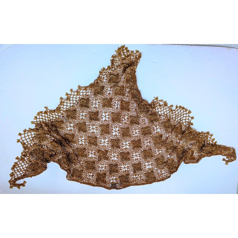 Sequin Metallic Gold Beaded Crochet Triangle Shawl Scarf Fringe Rayon Wrap
